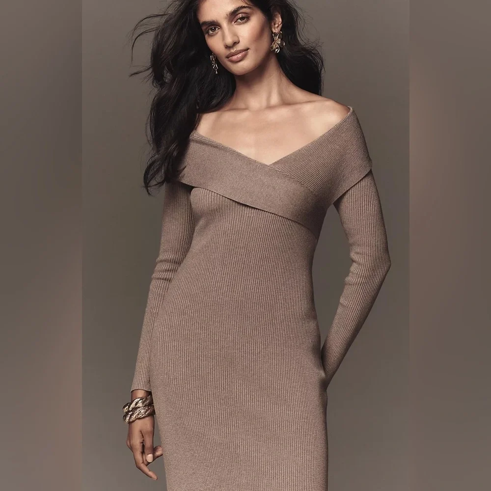 Brand New Anthropologie Off-Shoulder Grey/Brown Slim Sweater Dress, 1X, NWT - Picture 1 of 5